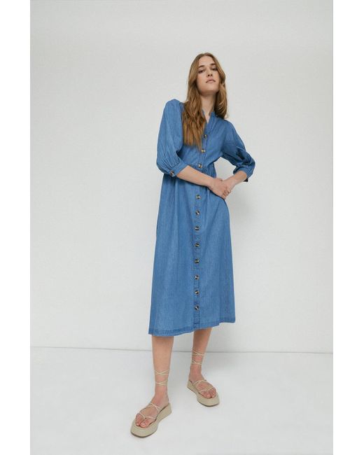 Warehouse Blue Denim Smock Button Through Midi Dress