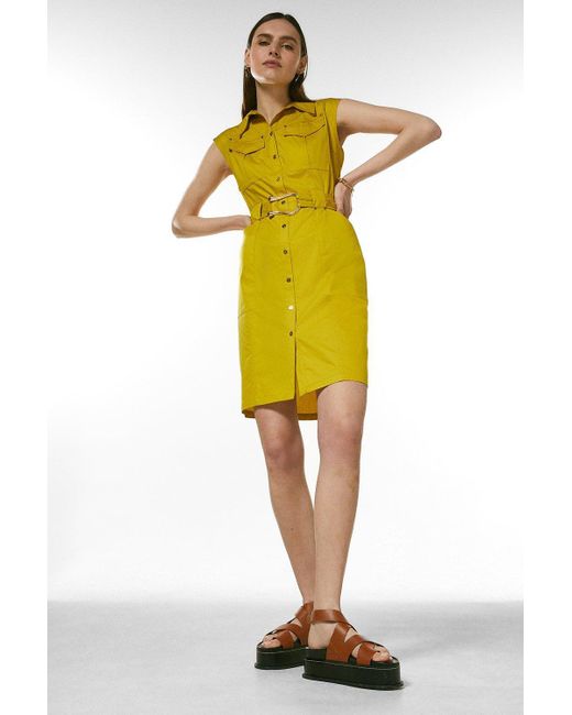 Karen Millen Yellow Cotton Utility Woven Short Dress