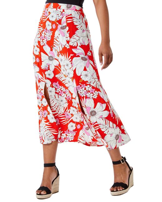 Roman Red Petite Tropical Floral Midi Skirt