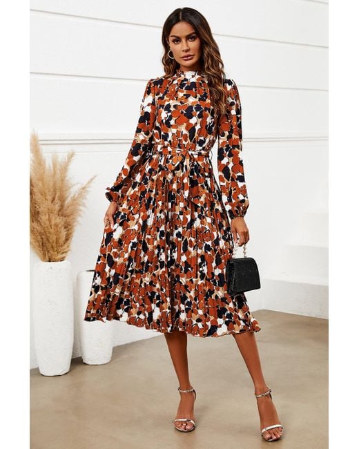 FS Collection White Floral Print High Neck Long Sleeve Midi Dress In Rust