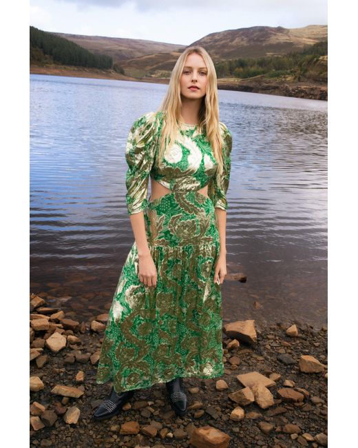 Warehouse Green Wh X William Morris Society Sparkle Cut Out Midi Dress