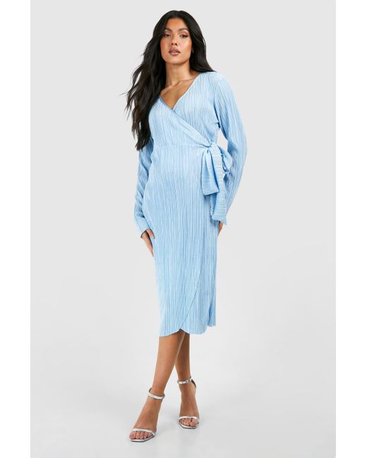 Boohoo Blue Maternity Plisse Wrap Belted Midi Dress