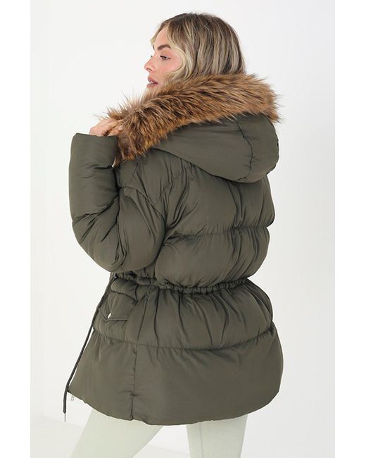 Brave Soul Green 'narla' Mid Length Puffer Parka With Faux Fur Hood