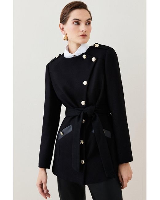 Karen Millen Black Italian Virgin Wool Military Button Up Coat