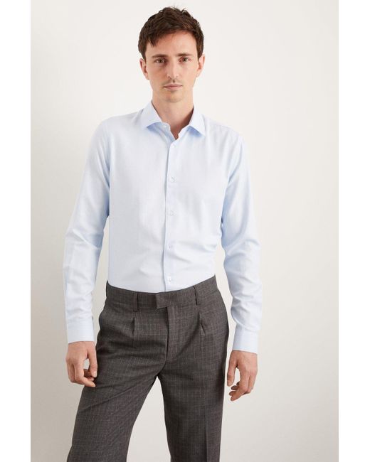 Burton White Slim Fit Blue Herringbone Texture Smart Shirt for men