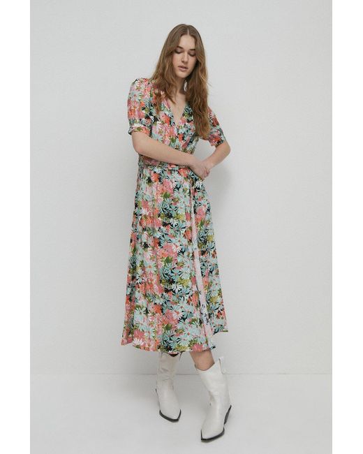 Warehouse Multicolor Short Sleeve Wrap Midi Dress In Floral