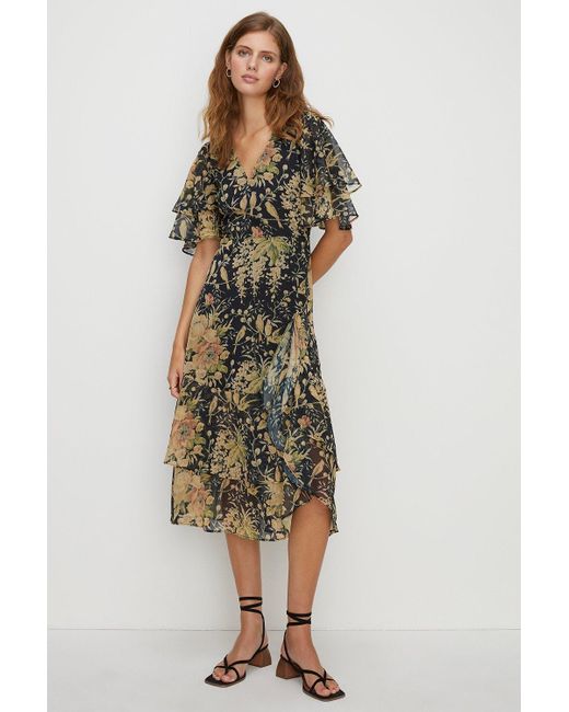 Oasis Black Crinkle Chiffon Vintage Floral Midi Dress