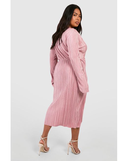 Boohoo Pink Plus Plisse Wrap Midi Dress