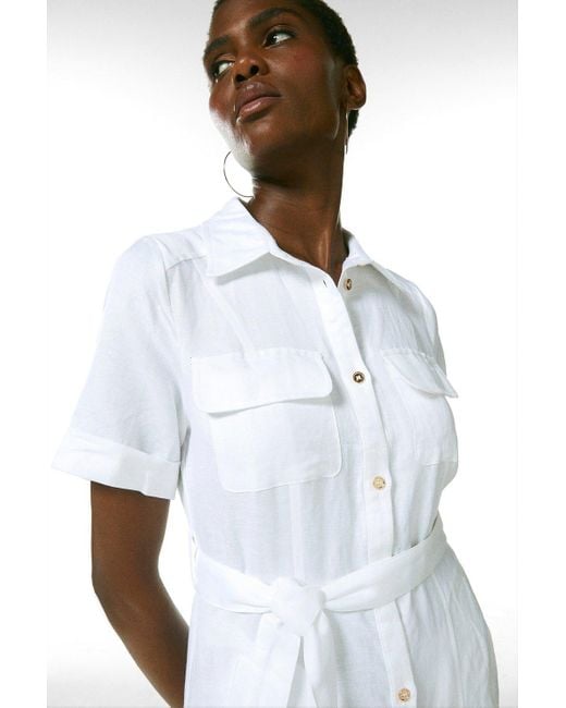 Karen Millen White Linen Viscose Woven Midi Shirt Dress