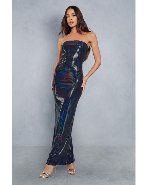 MissPap Blue Metallic Bandeau Column Midaxi Dress