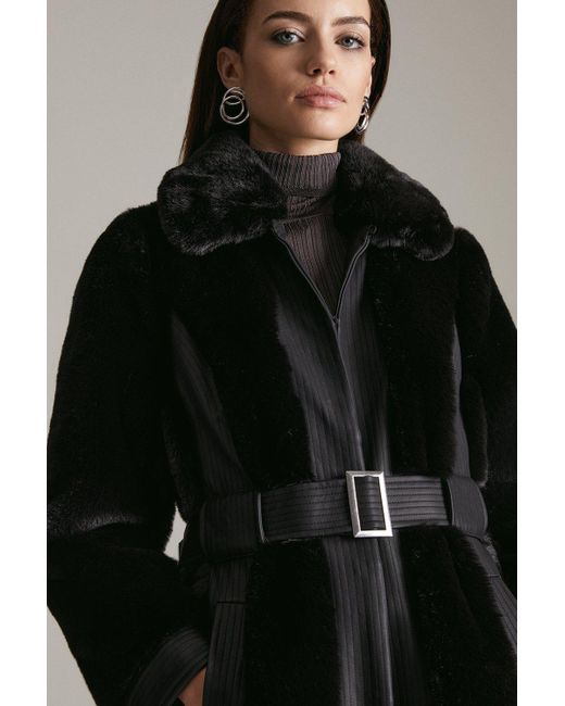 Karen Millen Black Petite Faux Fur Pu Mix Belted Coat