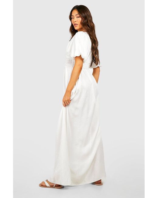 Boohoo White Plunge Front Puff Sleeve Chambray Maxi Dress