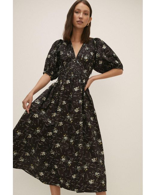 Oasis Black Ditsy Satin Binding Detail Midi Tea Dress