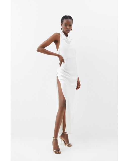 Karen Millen White Petite Premium Satin Halter Woven Maxi Dress