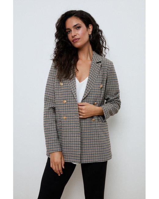 Wallis Gray Neutral Check Double Breasted Military Blazer