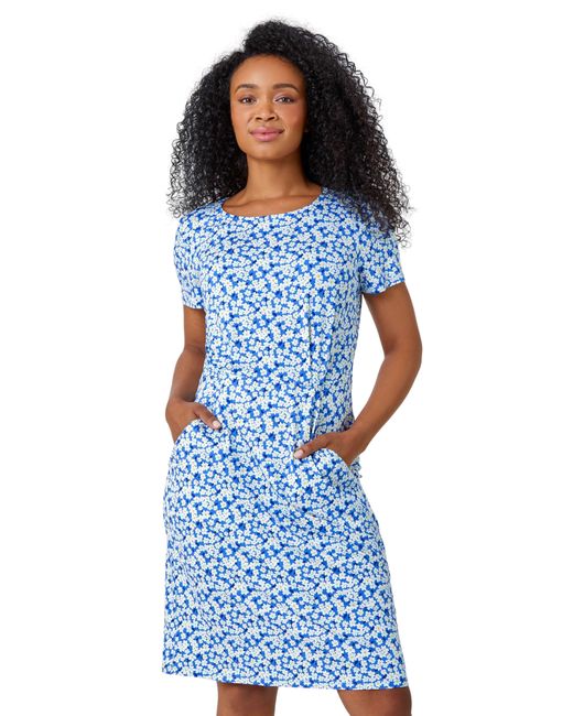 Roman Blue Ditsy Floral Pocket Stretch Dress