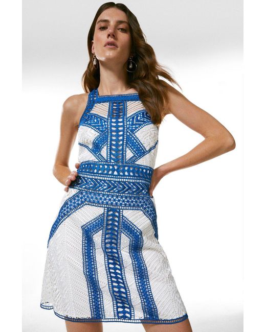 Karen Millen Blue Geo Guipure Lace Mini Dress
