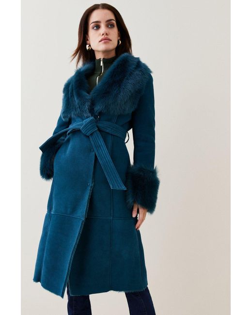Karen Millen Blue Petite Shearling Wrap Belted Coat