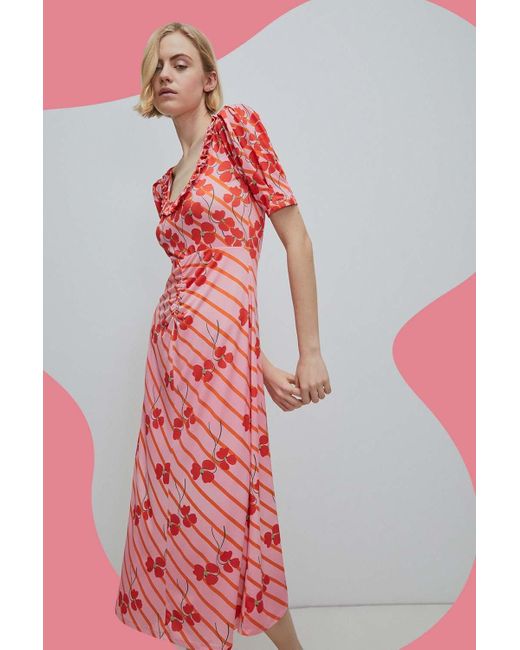 Warehouse Red Wh X Rose England Mixed Floral Stripe Print Midi Dress