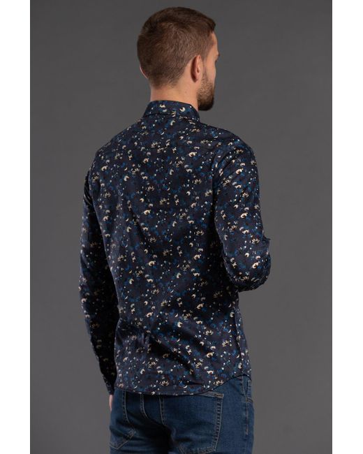 Nines Blue Cotton Floral Print Long Sleeve Shirt for men
