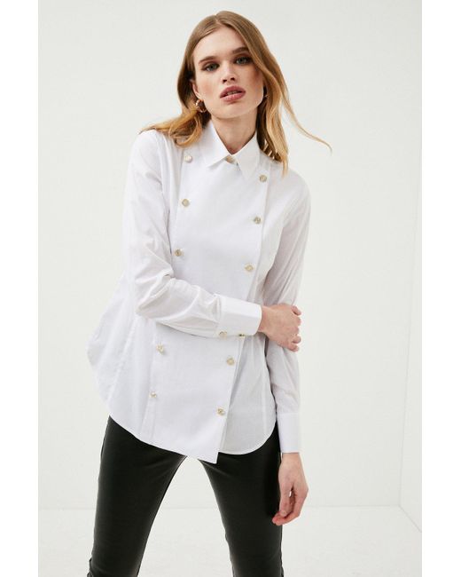 Karen Millen White Cotton Stretch Bib Detail Woven Shirt
