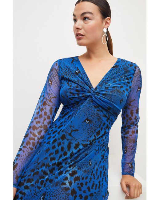 Karen Millen Blue Plus Size Leopard Mesh Jersey Dress