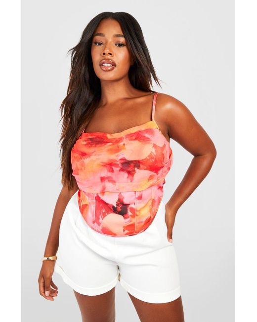 Boohoo Red Plus Floral Strappy Ruched Corset Top