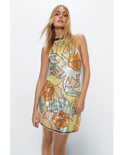 Warehouse Multicolor Floral Sequin Halter Mini Dress