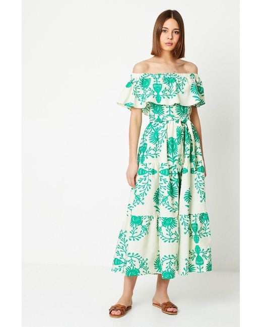 Dorothy Perkins Green Floral Tiered Bardot Midi Dress