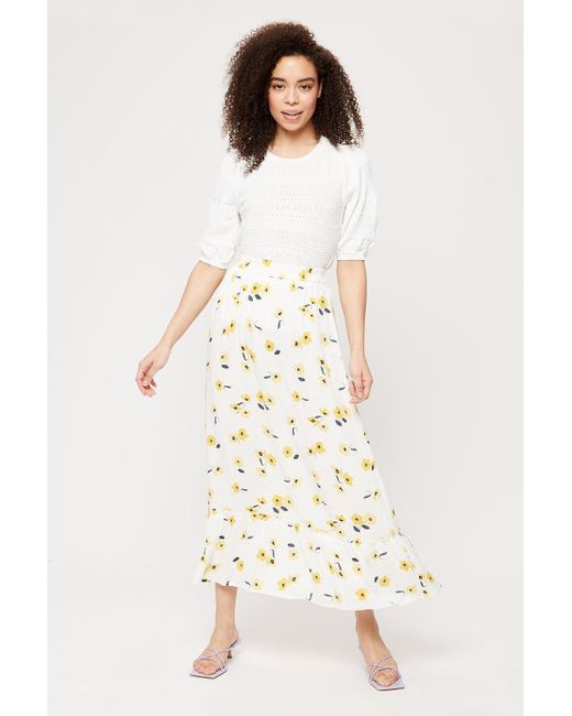 Dorothy Perkins Natural Yellow Floral Crinkle Co-ord Midi Skirt