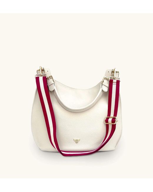 Apatchy London Pink The Harriet Stone Leather Bag With Red And Gold Stripe Strap