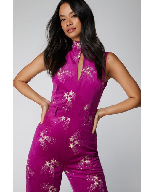Nasty Gal Pink Premium Embroidered Velvet Jumpsuit