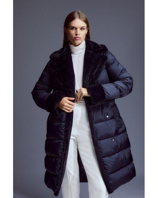 Karen Millen Blue Faux Fur Lined Belted Puffer Coat