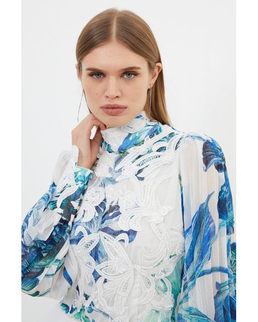 Karen Millen Blue Floral Applique Woven Lace Blouse