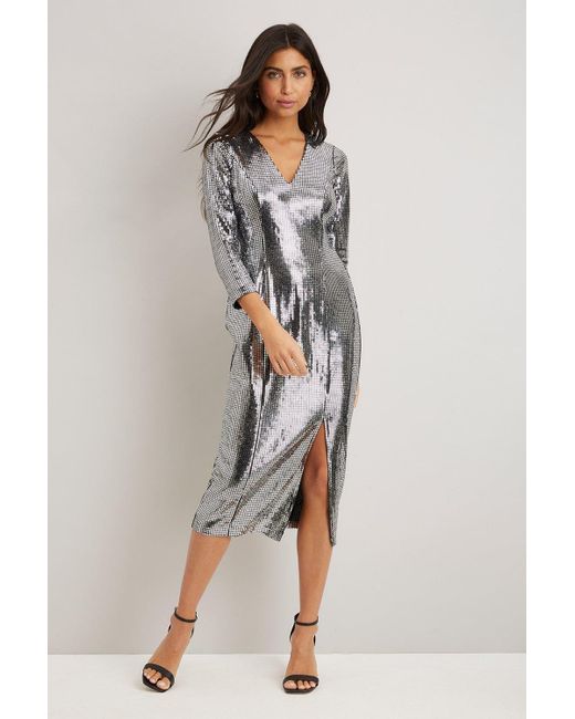 Wallis Gray Silver Mirror Sequin Dress