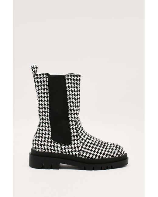 Nasty Gal Black Houndstooth Chunky High Ankle Chelsea Boots