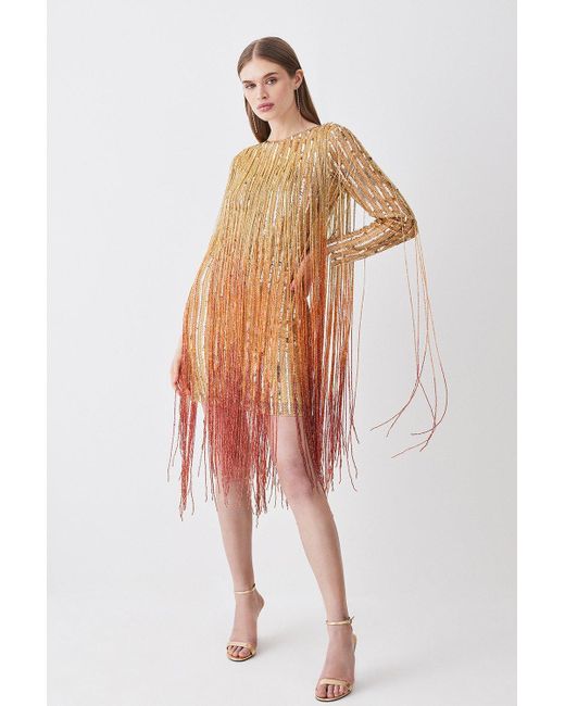 Karen Millen Metallic Beaded Fringed Woven Mini Dress