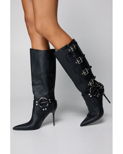 Nasty Gal Black Faux Leather Buckle Detail Pointed Toe Knee High Boots