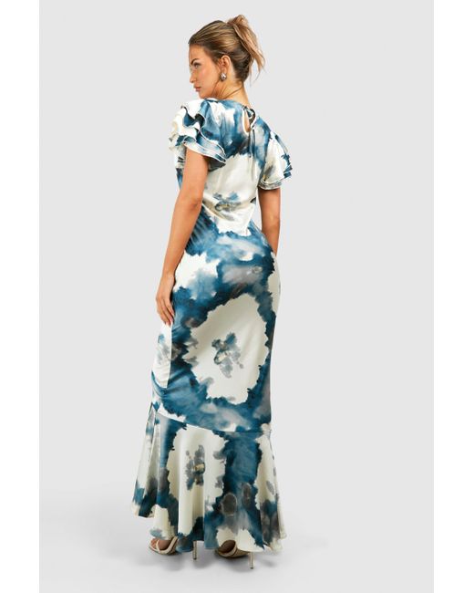 Boohoo Blue Abstract Satin Ruffle Sleeve Maxi Dress