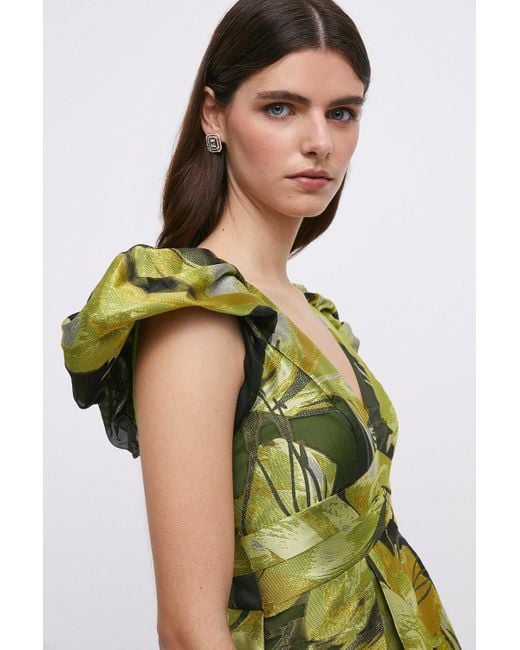 Coast Green V Neck Jacquard Dress With Frill Shoulder
