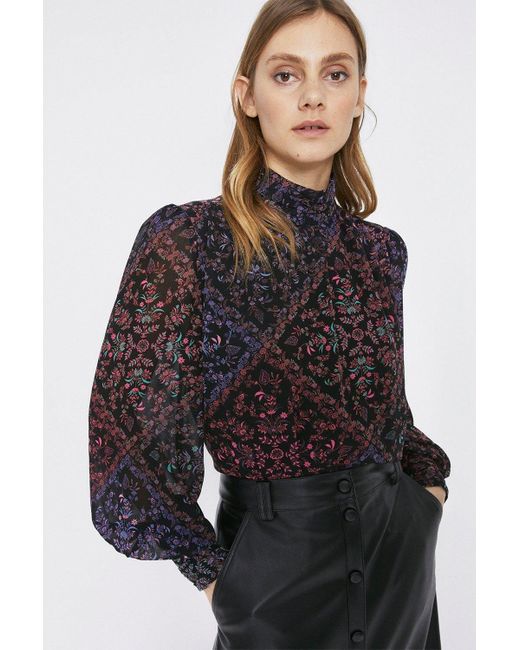 Warehouse Black Paisley Ruched Neck Detail Top