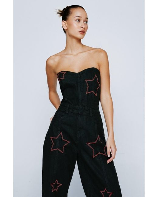 Nasty Gal Blue Petite Embroidered Star Twill Wide Leg Jumpsuit