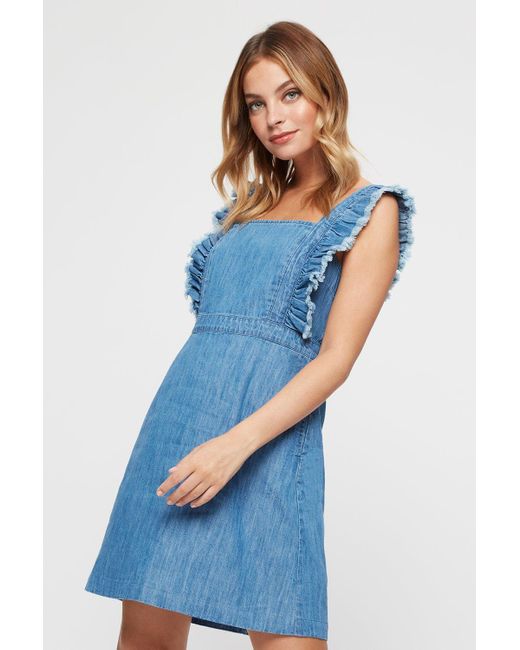 Dorothy Perkins Blue Petite Mid Wash Frill Detail Denim Dress