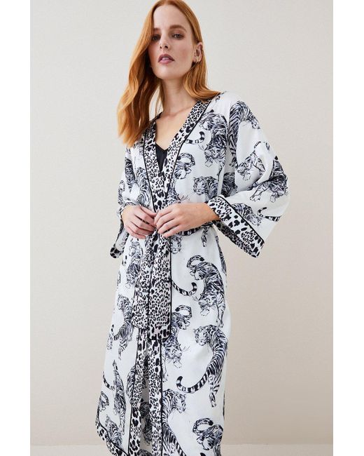 Karen Millen Blue Conversational Leopard Satin Nightwear Robe