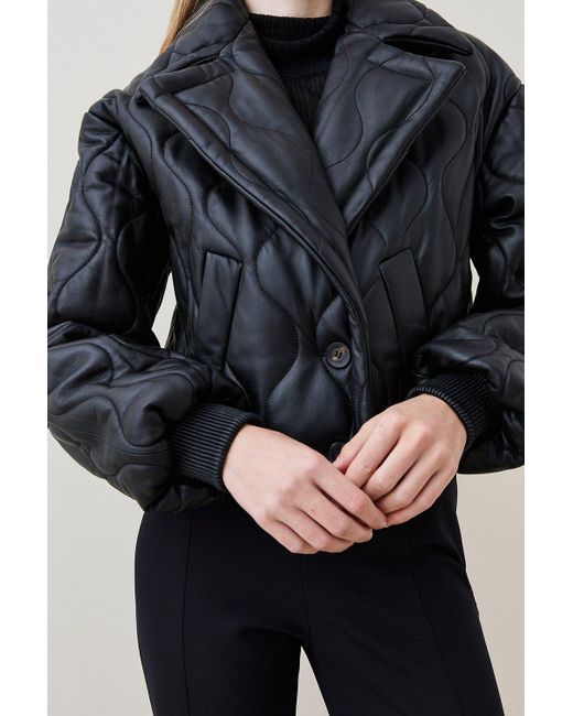 Karen Millen Black Leather Puffer Stitch Quilted Bomber Coat