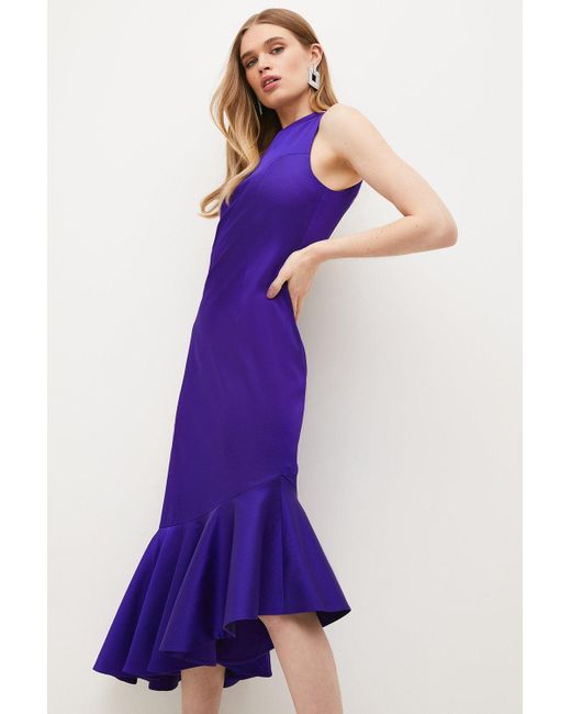 Karen Millen Purple Italian Structured Satin Asymmetric Hem Midaxi Dress