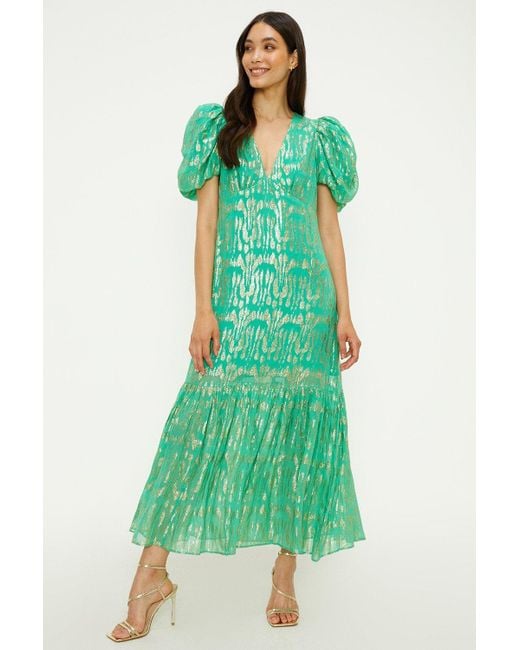 Oasis Green Metallic Puff Sleeve Tiered Midaxi Dress