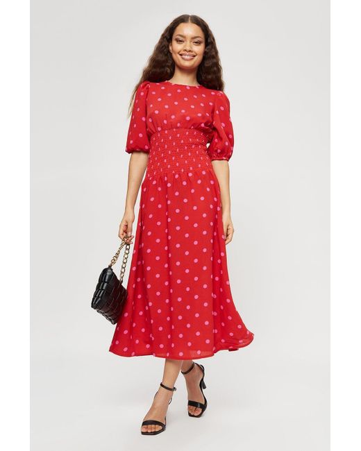 Dorothy Perkins Petite Red Pink Spot Shirred Midi Dress