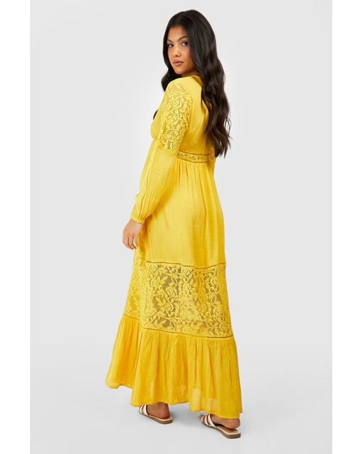 Boohoo Yellow Maternity Boho Lace Insert Maxi Dress