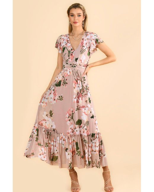 Jolie Moi Natural Kailee Mesh Floral Print Maxi Dress